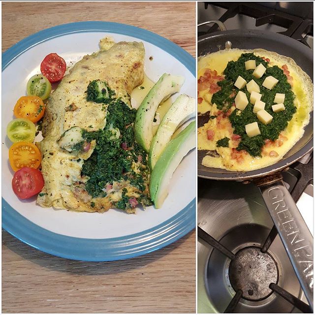 A filling and substantial low carb and protein healthy breakfast/brunch after morning exercise workout

A 2-egg omelette (cooked in a ' green pan' so no unhealthy non-stick coating) 
with a filling of chopped spinach(frozen packet spinach defrosted and cooked first), fried bacon lardons in coconut oil, and unpasteurised gruyere cheese. Accompanied with baby IOW tomatoes and some sliced avocado and omega3 'good oil'