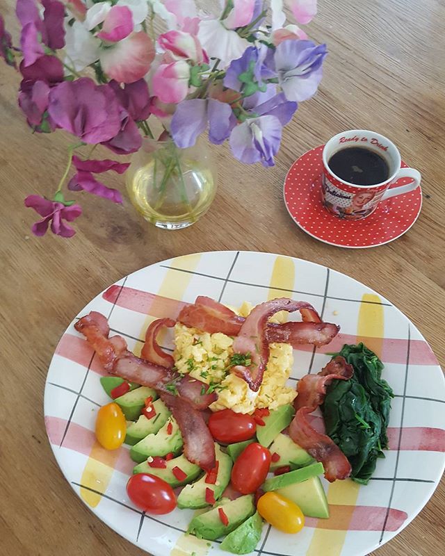 Your Summer weekend brunch can be both healthy and yummy. 
Appetising and appealing food on a plate can be comprised of healthy low carb and protein ingredients. Including some good fats in your diet is better than eating low and no fat, as it can actually help your weightloss and help you feel satisfied.

The hormonal and metabolic benefits of eating more fat are great, but one of the best benefits might be the satiating effects of fat. Nothing is worse than eating a lower-calorie diet that leaves your hungry all the time. This is traditionally a huge problem in diets which deny you foods with a higher fat content such as nuts, fatty fish, cheese, and avocado.

Satiating fat leaves you feeling full. When the fat you eat hits your small intestine, it sets off a cascade of signals which includes the release of hormones such as CCK and PYY. These two hormones play a major role in appetite regulation and satiety; they leave you feeling full and satisfied. The more satiated you are, the less likely that you're going to sneak in snacks between meals or pile on a second helping.

So for a weekend brunch I have cooked crispy free range streaky bacon, organic scrambled egg in a little organic salted butter,  wilted spinach, baby Isle of Wight tomatoes, avocado, with some chopped red chillies.
And an Expresso coffee.

Have a lovely weekend.