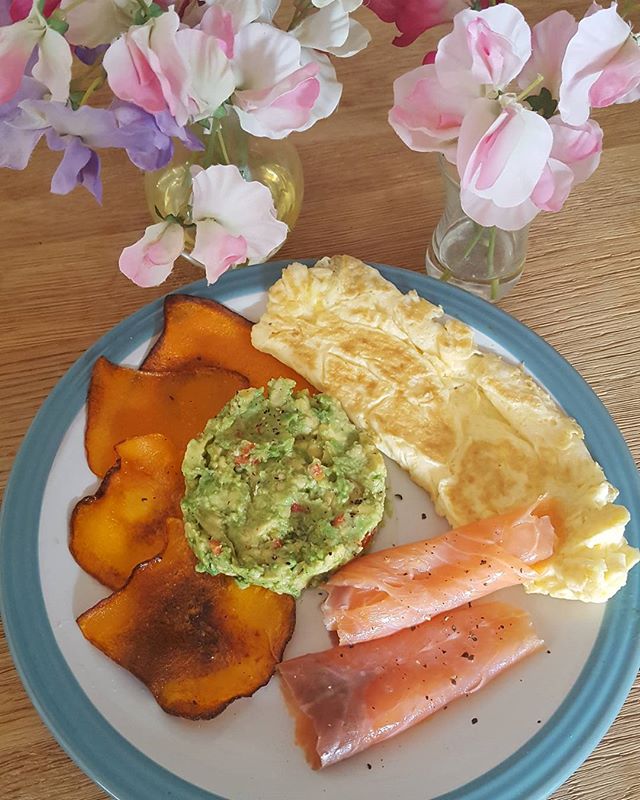 Lowcarb Sunday home-cooked brunch using buttternut squash in place of toast. 
An omelette cooked in coconut oil, Smashed avocado with chopped red chillies and omega 3 oil,
Organic smoked salmon, 
Slices of butternut squash fried in coconut oil until crispy.