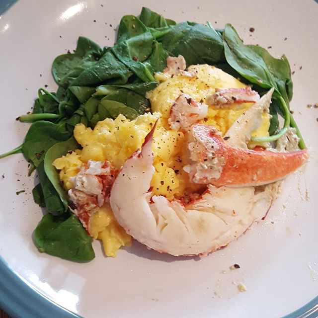 Healthy but very indulgent seaside Sunday brunch
Lobster scrambled eggs with wilted spinach
Yum!