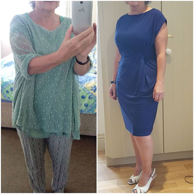 A before and after client makeover transformation. 
The 1st photo is an outfit my client wore regularly from her own wardrobe and the 2nd photo is one of the dresses I found for her to wear for her business events that went from day to evening. 
She is only 5' 1" so proportions in the cut of the dress are all important. She also wanted to dress baggy to hide her curves, but understood the impact of wearing well fitted underwear that enhanced her bodyshape and a dress that worked for her curves.
What do you think?