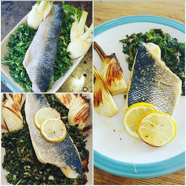 A healthy simple light lunch for a hot Summer's day, shown here from oven to plate.

Place kale first in a baking dish and lay a boned and filleted wild sea bass fillet on the top. I also added some fennel.
The fish is seasoned with olive oil salt pepper and lemon.
The kale is also sprinkled with olive oil or if you wish, coconut oil.
Bake for about 15 minutes.
A delicious, low carb and healthy meal!
