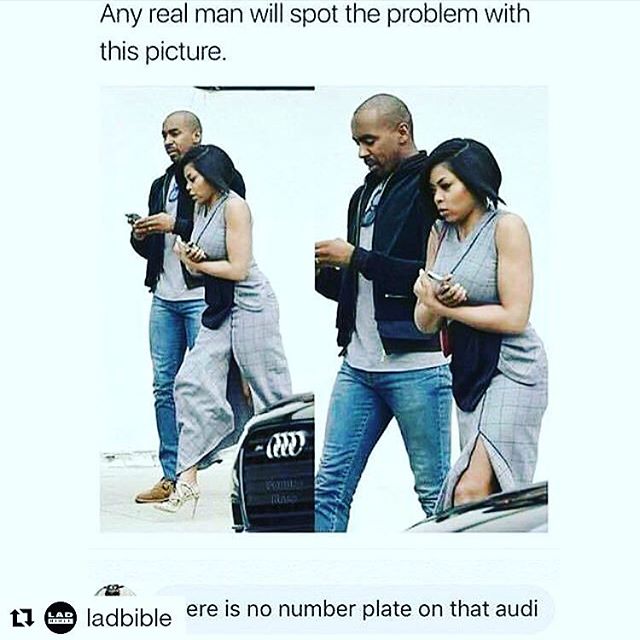 Is your man paying enough attention to you?

Or is he on his smart phone?
That is what we girls would notice in this pic...
But what do men notice?
There's no number plate on the Audi! 
Ha ha!