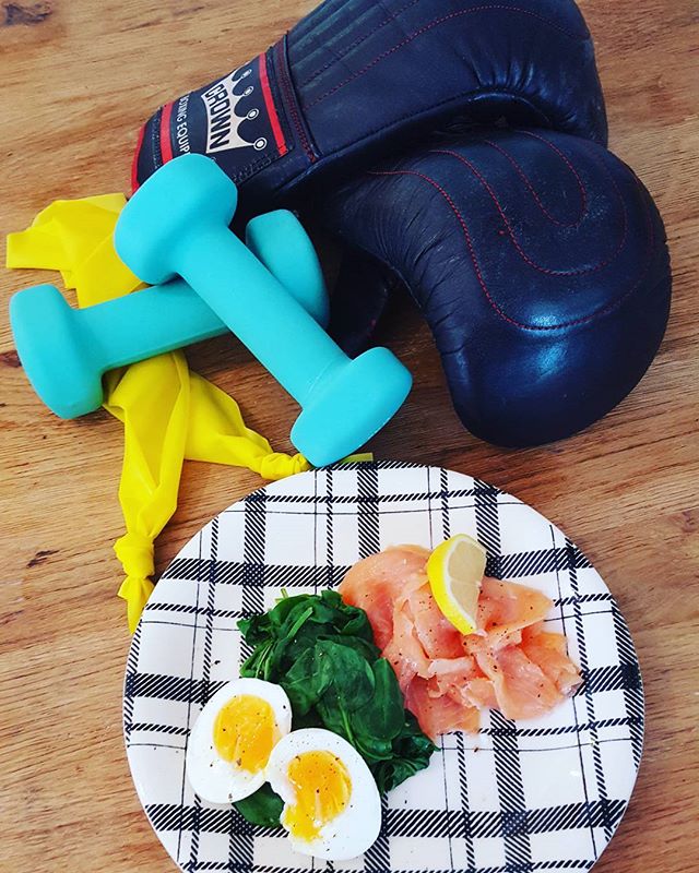 This morning's healthy low carb and protein breakfast after my training session. 
The session includes boxing and light weights and bands to strengthen shoulder supporting muscles around the rotator cuff.  Also HIIT training with squats, lunges around the boxing bouts.