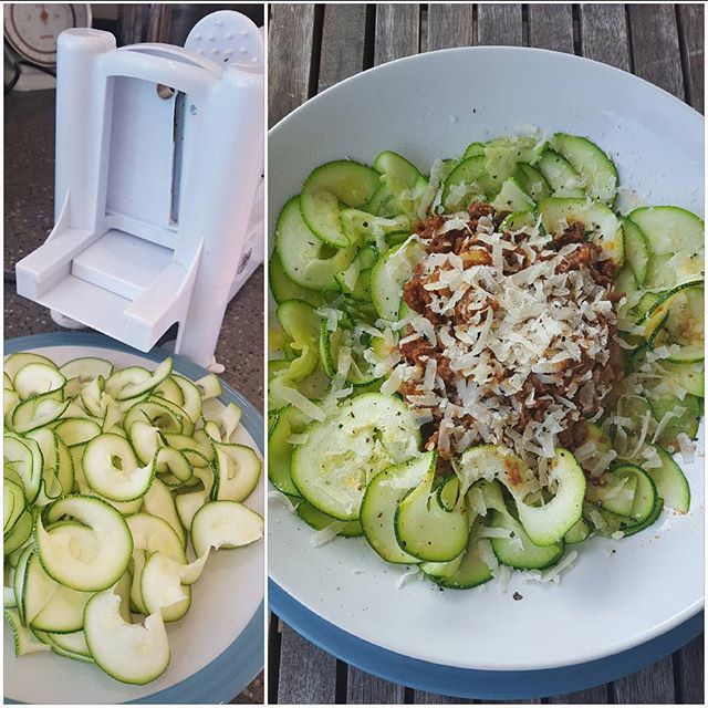 A quick amd easy healthy Summer lowcarb and protein homecooked meal 

Spiralise the courgettes with your spiraliser. My courgettes are homegrown from my veg patch. Very proud! 
Slow cook the beef mince together with chopped onions, garlic, tomato passata and seasoning in a slow cooker for a few hours before you're ready to assemble and eat. The juices should all have reduced so the mince os browned and sauce is reduced and thickened.

Shallow fry the courgettes very quickly in a little olive oil so they remain firm

Add the mince mixture to your serving of courgetti spaghetti and grate a generous portion of Parmesan cheese over the top.