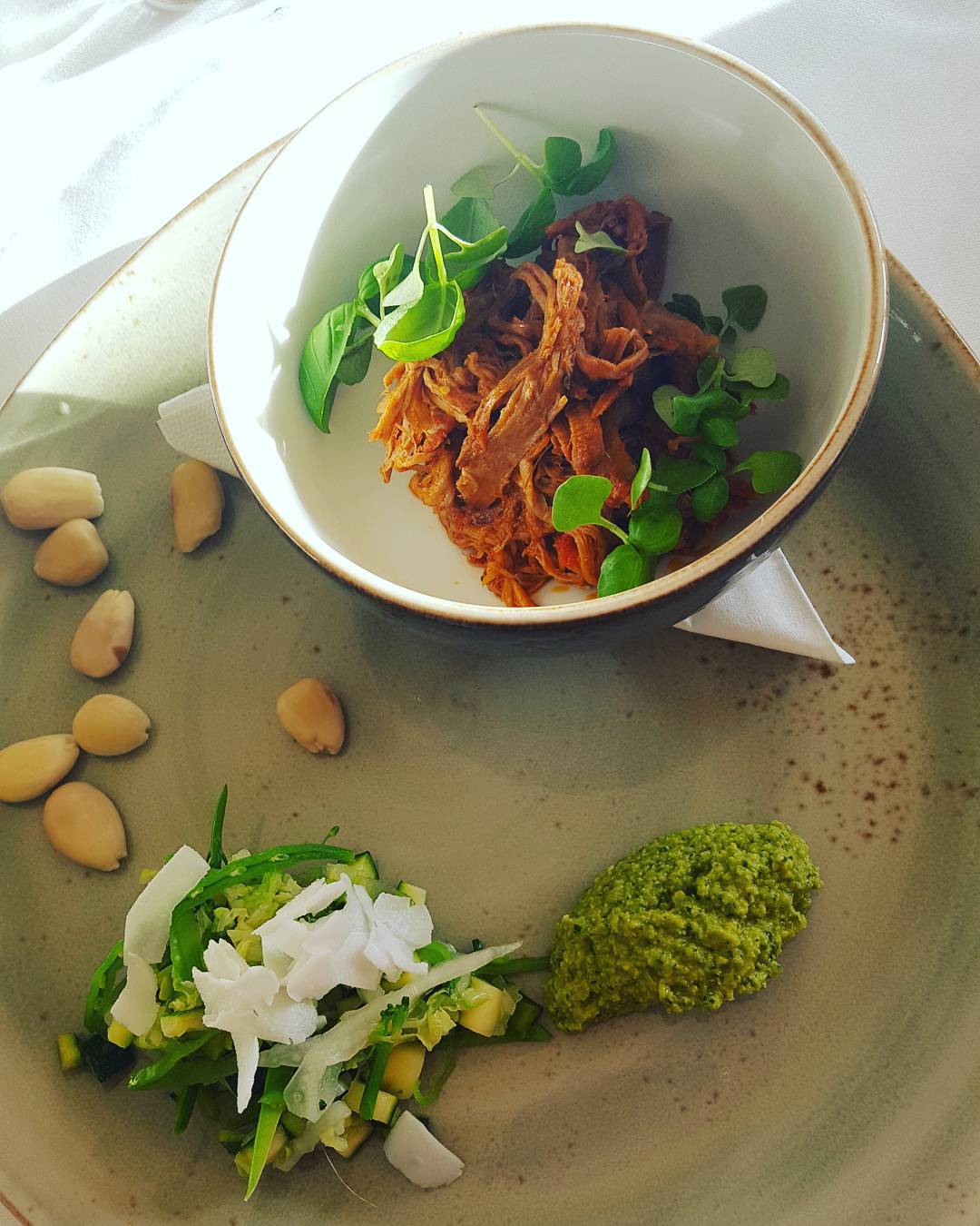 Lunchtime

Pulled pork shoulder(with Moroccan style spices) with green pea dip, blanched vegetables and soaked nuts (blanching and soaking makes them  less indigestable than raw). A side of mixed vegetables too.

@grayshottspa