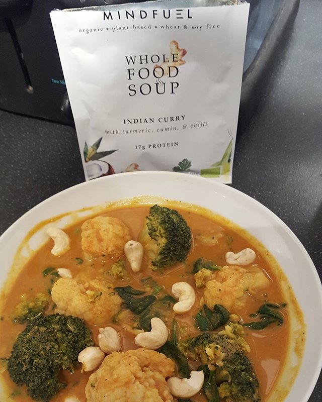 Sometimes when you fancy an instant homemade curry.

Found this packet curry soup in the Health food shop which had all natural ingredients, no additives wheat or sugar and was properly delicious. 
I simply added boiled water to the powder. 
It had turmeric, cumin and chiĺli, all excellent anti-inflammatory spices and great for health and weight loss.
To make the soup more of a substantial supper I added some cauliflower, broccoli and spinach and cashew nuts.