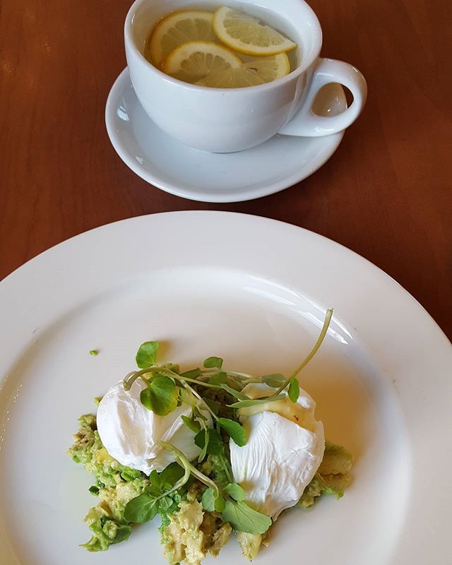 A simple healthy breakfast for your best start to the day.

Lemon and ginger water.
Poached eggs on smashed avocado for protein and good fats.