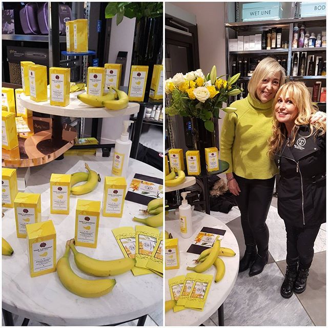With Tina Cassaday, Beverley Hills celebrity hairstylist and colourist at Harvey Nichols today in the Beyond Beauty section at the UK launch of her brilliant new hair conditioning product Banana-Banana. 
A blend of Banana pulp and liquid fruit extracts for intense conditioning.
Smells delicious! 
Feels great even on the skin too.
Coincidence that my sweater was matching the product! 
@harveynichols 
@tinacassadaybh 
@tinacassaday