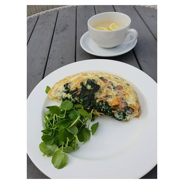 Healthy protein breakfast after morning Pilates to keep energy up during the day.

Omelette with spinach, mushrooms and cheese 
and hot water with lemon to start. 
Leaving 12 hours after the last meal the day before so the body has a chance to digest and if you like- giving it a chance to fast in that period