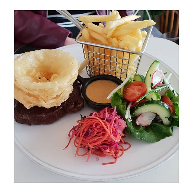 Isle of Wight steak, onion rings, miso pepper sauce, fries and Asian slaw.

When you're out to dinner and your friend orders the very yummy less healthy carb heavy option.
.
.
.
.
.
@smokinglobster1