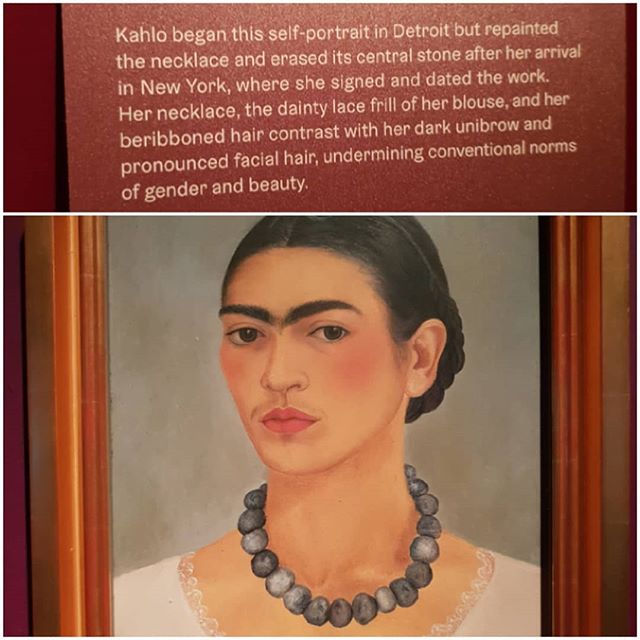 1933 Self-portrait Frida Kahlo exhibition Making herself up @vamuseum London. Frida's mono-brow and facial hair were not the beauty norms even at that time. She used an eyebrow pencil in Ebony to accentuate her brows and Revlon '"everything's rosy" lipstick  and red nail varnish.