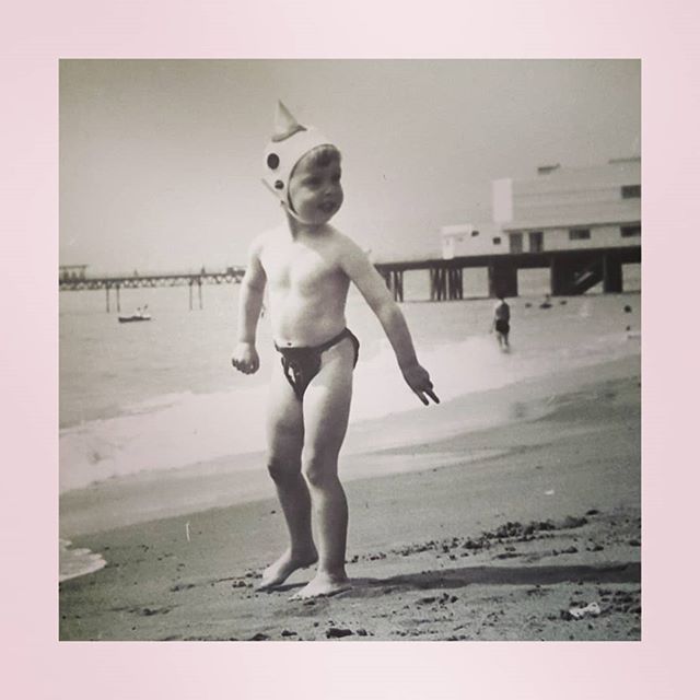 What was my mother thinking? 
As we are having a heatwave I thought I'd post a childhood seaside photo of me Tb to Summer maybe 1960. 
This is me on the beach in the Isle of Wight (Sandown I think) . 
Not convinced about my mother's choice of my swimwear outfit! Sharks fin swim cap and an interesting style bikini bottom. .
.
.
.
.