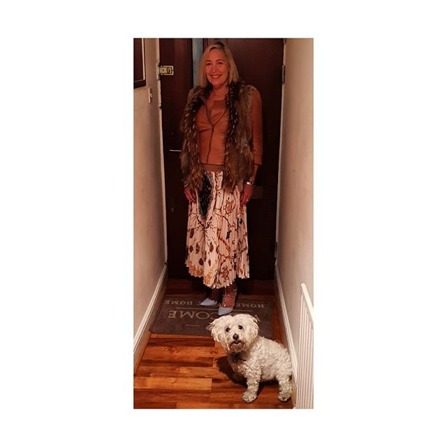 Birthday girl night out.
Celebrations started the evening before....
( obvs a different outfit then)
.
.
Wearing Zara (Hermes style skirt) and vintage Zara leather jacket. 
Heels TK Maxx (Valentino Rockstud style) 
@misslucy_lou Lucy the Westie x bichon frise wears @wolfeandhyde beaded collar.
.
.
.
.
.